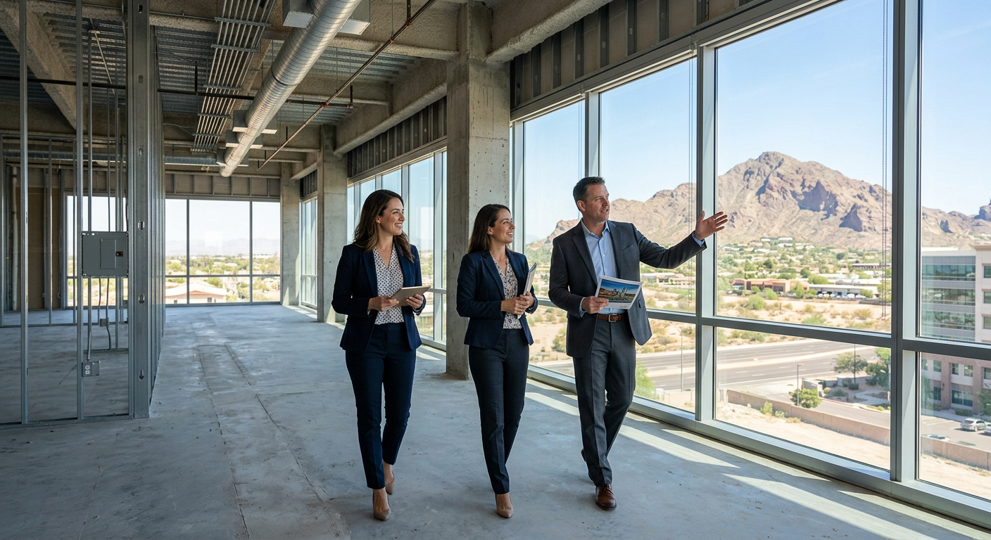 Phoenix Commercial Leasing Guide: Tenant Strategy and Deal Terms Photorealistic interior of a commercial leasing tour in Phoenix, a small business owner and advisor walking through a brig...