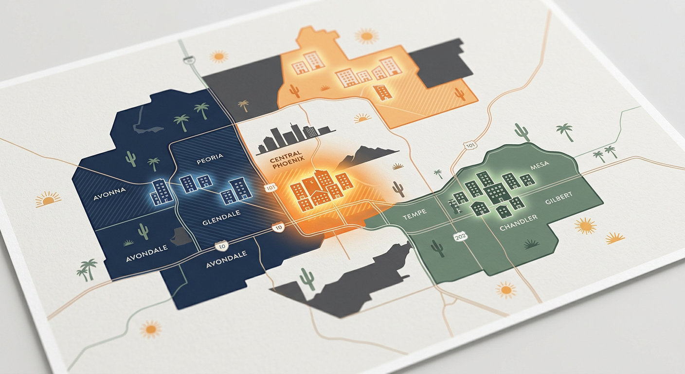 Modern illustrative map-style scene of Metro Phoenix apartment investment areas, showing distinct clusters for Central Pho...