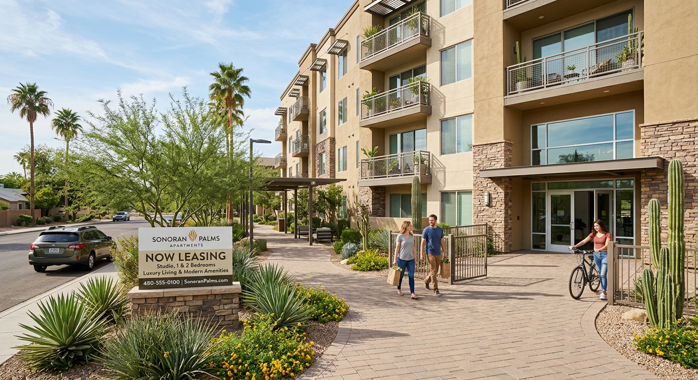 Photorealistic street-level view of a well-maintained mid-rise apartment community in Phoenix, featuring shaded walkways, ...