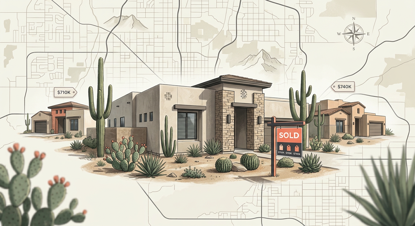 Modern editorial illustration of a Phoenix home valuation process, showing a desert home, nearby comparable homes, a sold ...
