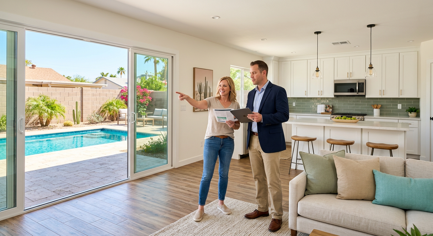 Photorealistic interior of a bright Phoenix single-family home during a professional valuation visit, with an agent review...