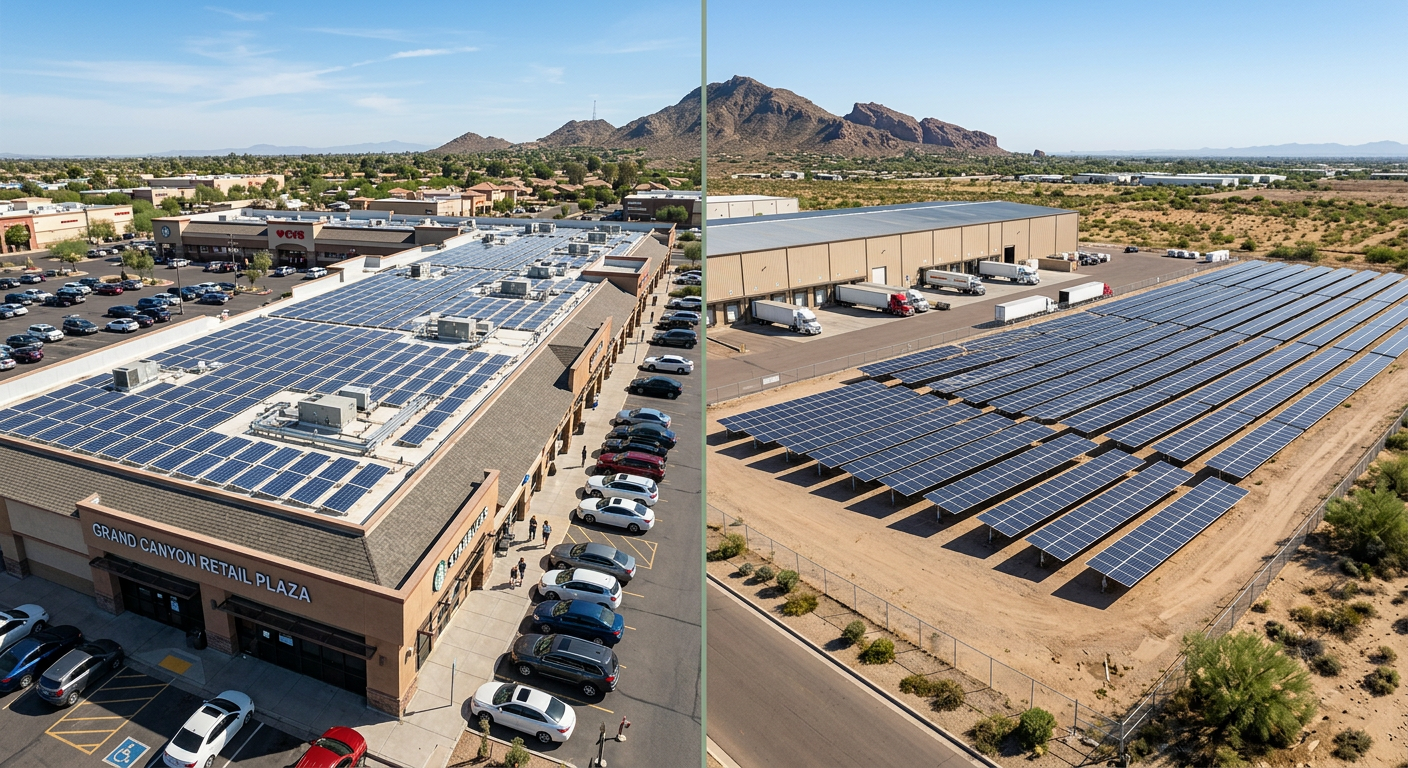 Independent Solar | Rooftop vs Ground Mount Solar Commercial: A Guide for Businesses High-detail photorealistic split-scene illustration of a commercial retail building with rooftop panels and a nearby light...