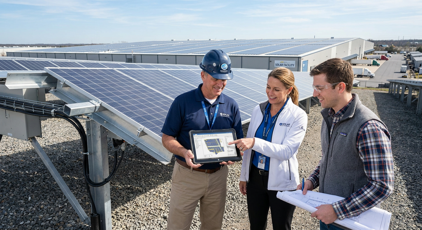 Independent Solar | Rooftop vs Ground Mount Solar Commercial: A Guide for Businesses Photorealistic commercial solar planning meeting on site, with a facility manager, solar sales representative, and enginee...