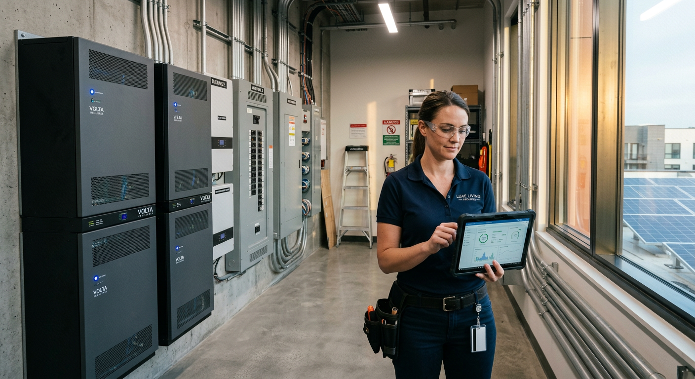 Photorealistic utility room in an upscale multifamily building, wall-mounted commercial battery cabinets and monitoring eq...