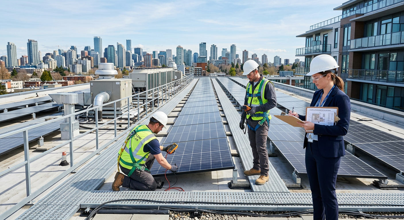 Photorealistic rooftop scene at a contemporary apartment complex, solar technicians in safety gear inspecting panels while...