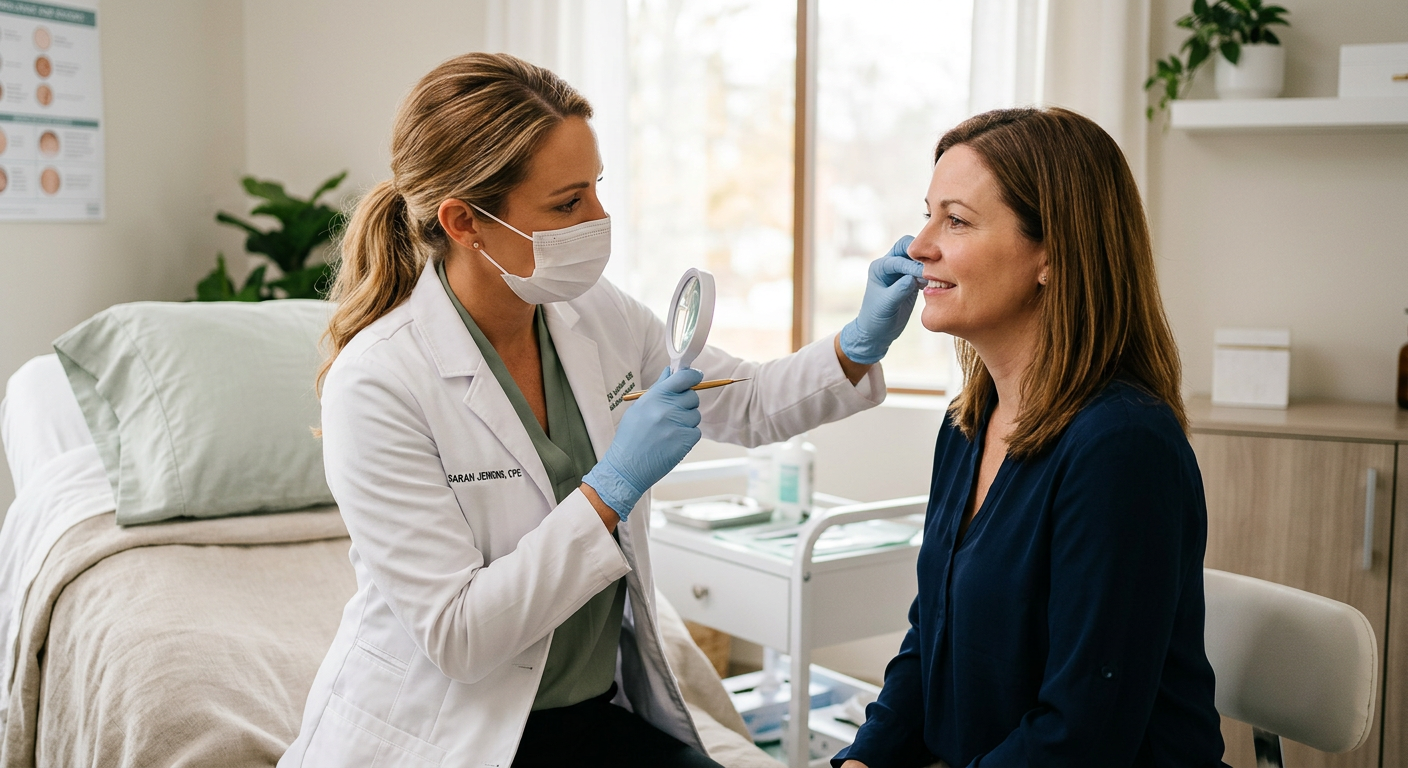 Facial Hair Removal for Women: Long-Term Options in Phoenix | Electrolysis Permanent Hair Removal in Phoenix | Senza Pelo Med Spa Photorealistic close-up of a professional electrologist consulting with an adult woman in a clean, welcoming treatment roo...