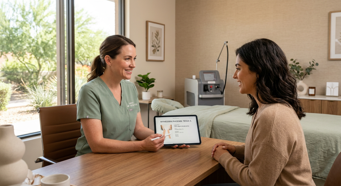 What Is Permanent Hair Removal? Electrolysis and Laser Guide | Electrolysis Permanent Hair Removal in Phoenix | Senza Pelo Med Spa Photorealistic consultation between a compassionate female clinician and an adult client in a modern Phoenix med spa, revi...