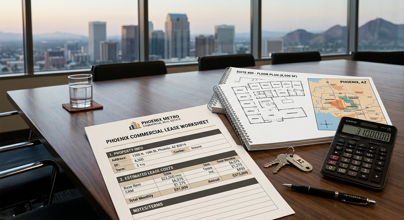 Phoenix Commercial Leasing Guide: Tenant Strategy and Deal Terms Detailed professional illustration of a Phoenix commercial lease worksheet on a conference table, showing simple cost cate...