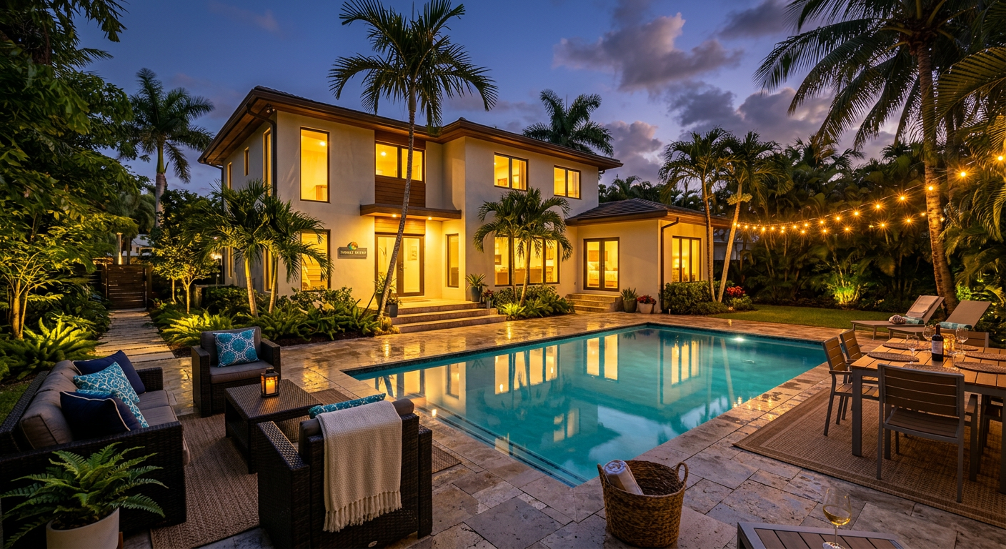 Photorealistic evening exterior of a well-managed Fort Lauderdale vacation rental with warm interior lighting, neatly arra...