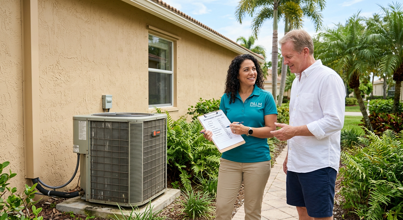 Photorealistic property manager and homeowner reviewing a maintenance checklist beside an outdoor air-conditioning condens...