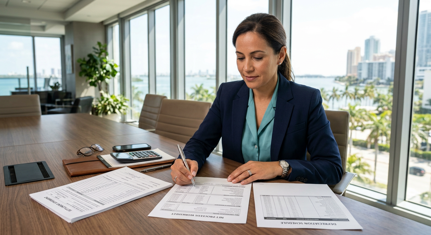 Photorealistic close-up of a South Florida property investor, CPA, and real estate advisor reviewing a net-proceeds worksh...