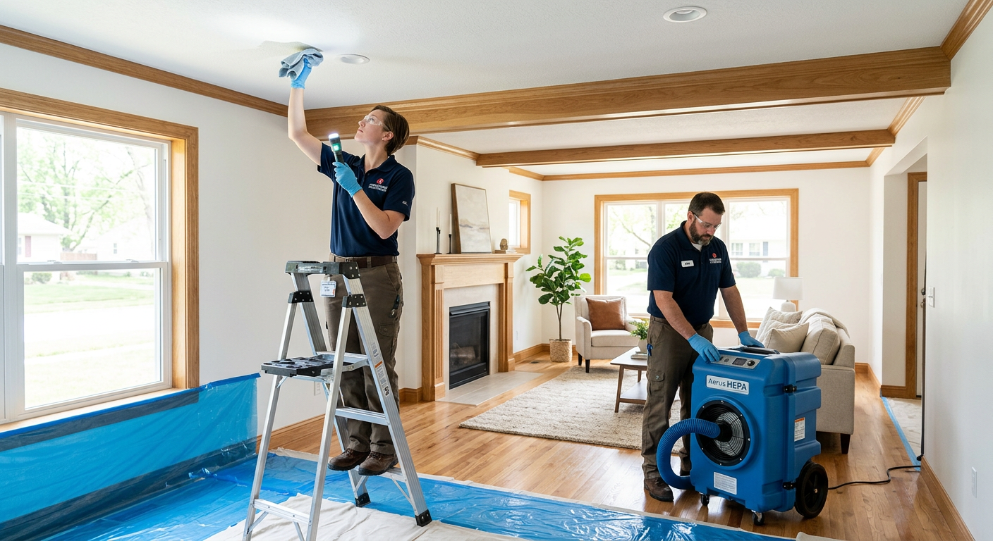 Fire and Smoke Restoration Carbondale: Complete Home Recovery | Water Damage Cleanup & Restoration Company in Aspen | Helpers Photorealistic restoration crew completing final cleaning in a bright Carbondale home, one technician inspecting a cleaned...