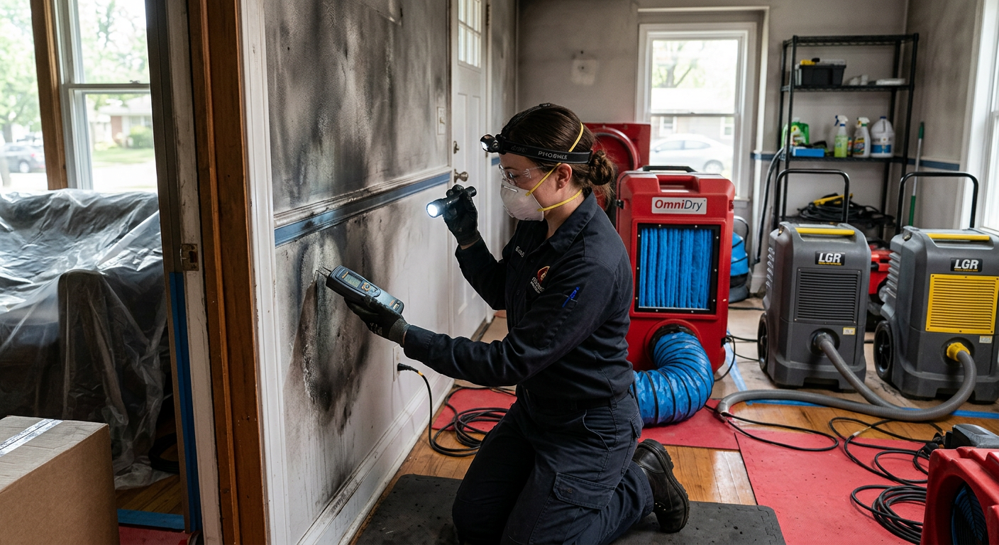 Fire and Smoke Restoration Carbondale: Complete Home Recovery | Water Damage Cleanup & Restoration Company in Aspen | Helpers Photorealistic interior scene of a restoration specialist using a moisture meter and inspection light near a smoke-stained...