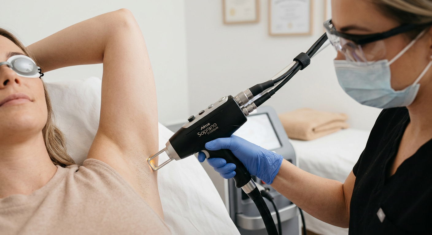 Photorealistic close-up of a modern laser hair removal handpiece near an underarm treatment area, practitioner wearing glo...
