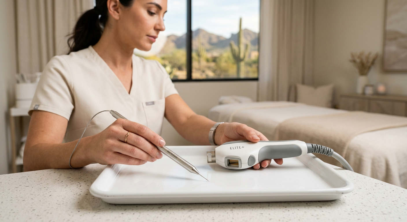 What Is Permanent Hair Removal? Electrolysis and Laser Guide | Electrolysis Permanent Hair Removal in Phoenix | Senza Pelo Med Spa Clean photorealistic treatment-room scene showing a clinician comparing a slim electrolysis probe and a modern laser handp...