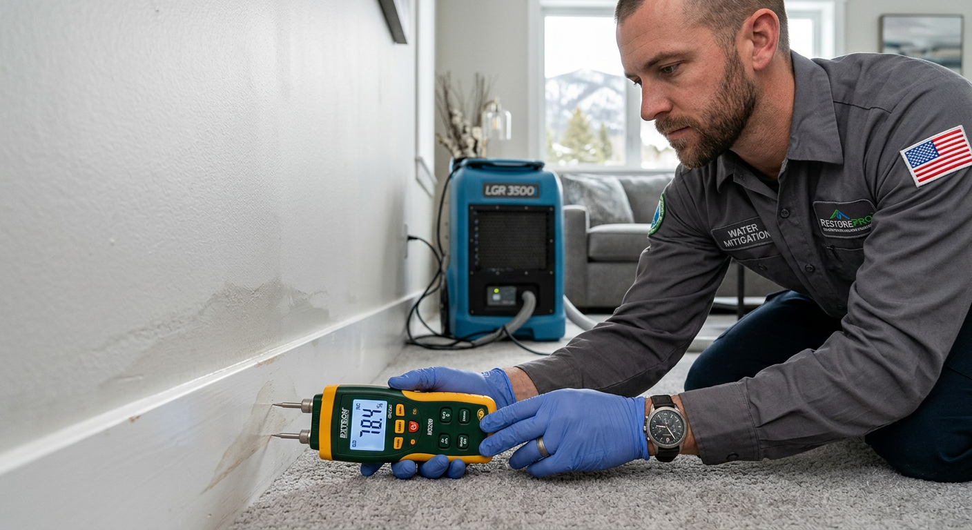Drying and Dehumidification After Flood: Aspen Homeowner Guide | Water Damage Cleanup & Restoration Company in Aspen | Helpers Photorealistic close-up of a restoration technician using a digital moisture meter on a baseboard and drywall in a modern ...