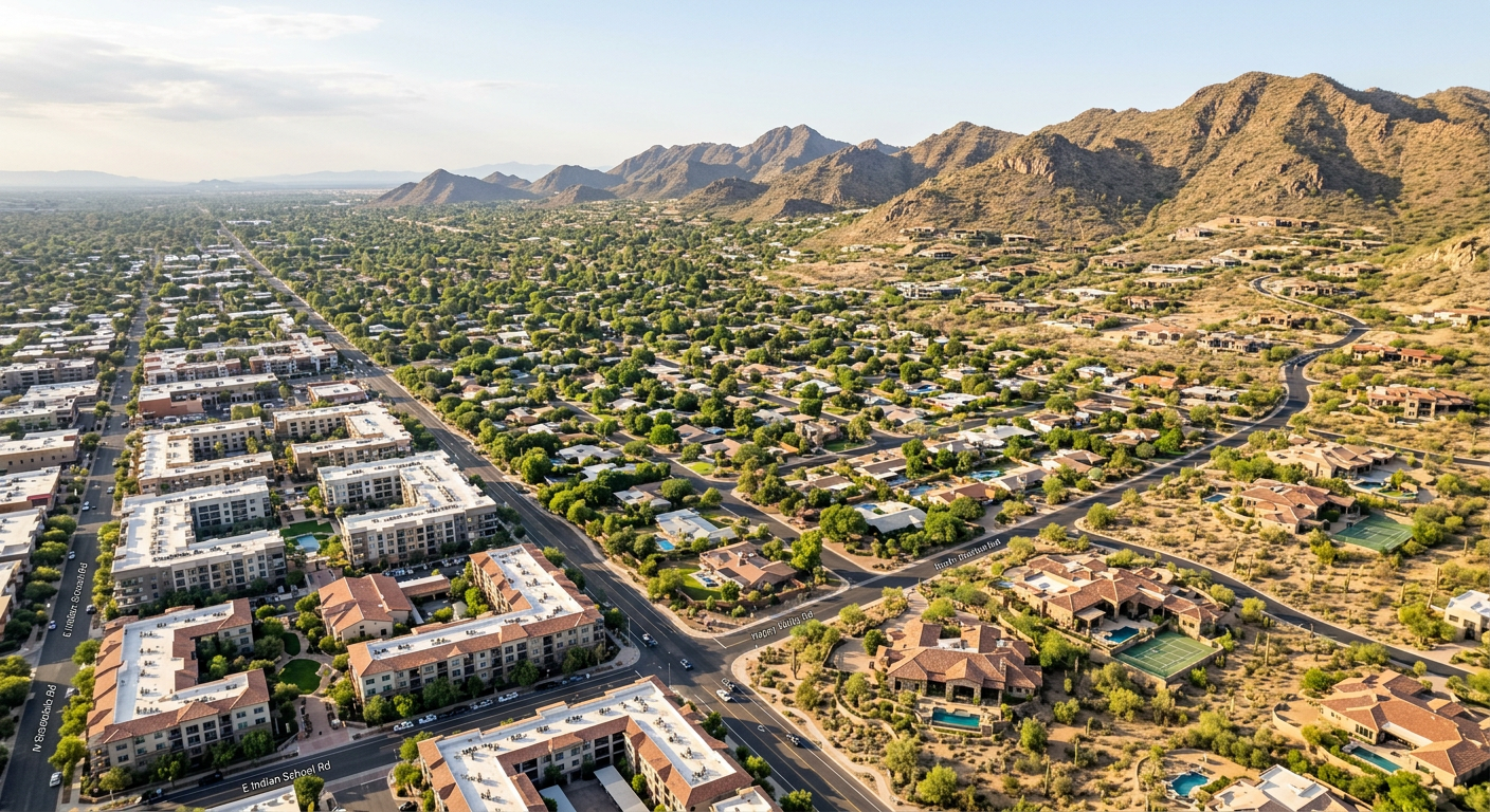 Photorealistic aerial view of contrasting Scottsdale housing styles, a walkable Old Town condo district blending into leaf...