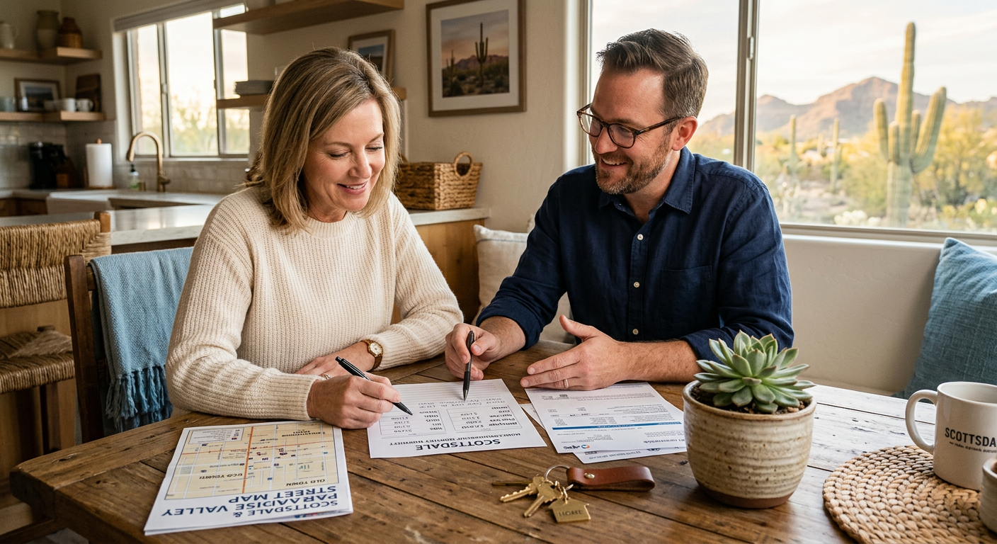 Warm, realistic kitchen-table scene with a Scottsdale buyer reviewing a monthly homeownership worksheet beside a map, util...