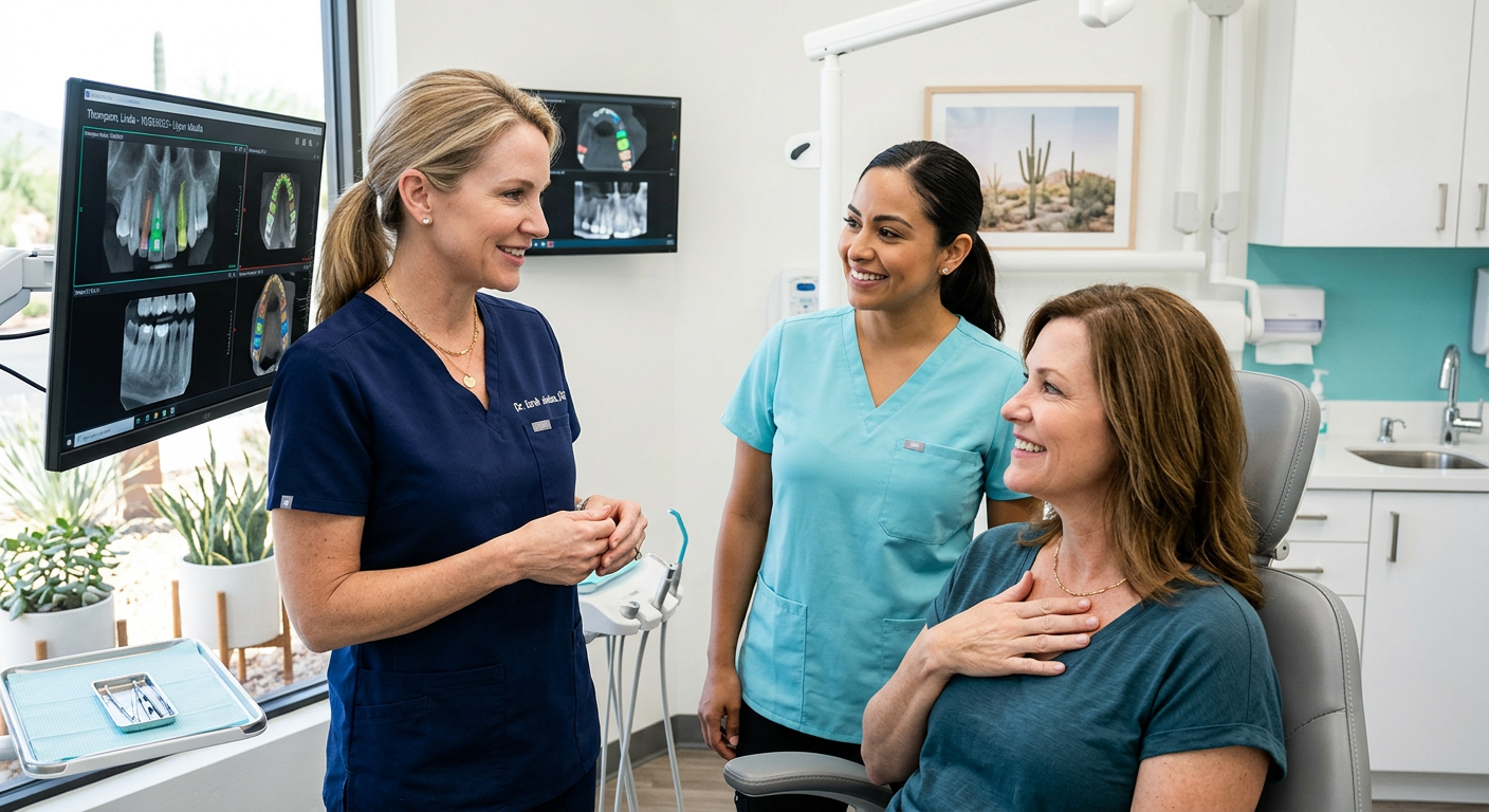 Photorealistic close-up of a female dentist and dental hygienist reviewing digital tooth images with an adult American wom...