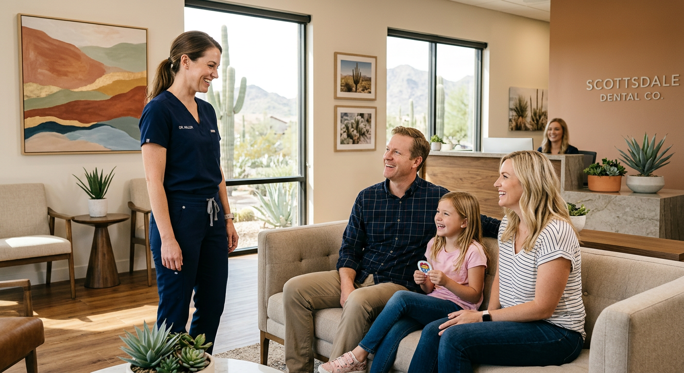 Photorealistic candid scene of a confident female dentist smiling with an American family, parents and school-age child, i...