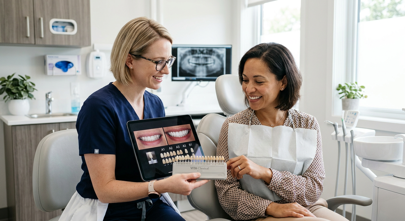 Veneers and Lumineers Scottsdale: A Complete Treatment Guide | Scottsdale Dentist | Cosmetic & Family Dentist 85250 Photorealistic chairside consultation with a female dentist showing an American adult patient digital smile images and por...
