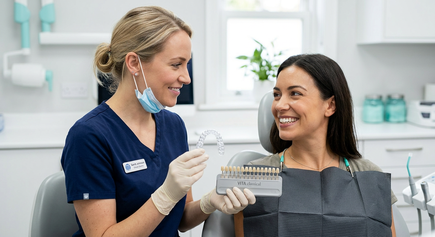 Photorealistic close-up of a female dentist holding custom clear whitening trays and a small shade guide beside a smiling ...