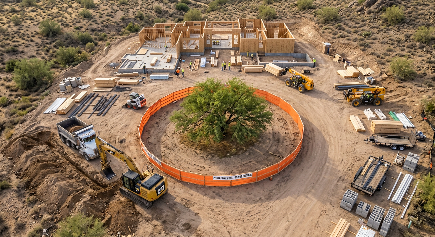 Tree Preservation During Construction: A Plan for Luxury Homes | Luxury Landscape Architecture Scottsdale & Phoenix | Waibel & Associates Photorealistic overhead view of a custom-home construction site in the Arizona desert, showing a mature tree with a clearl...