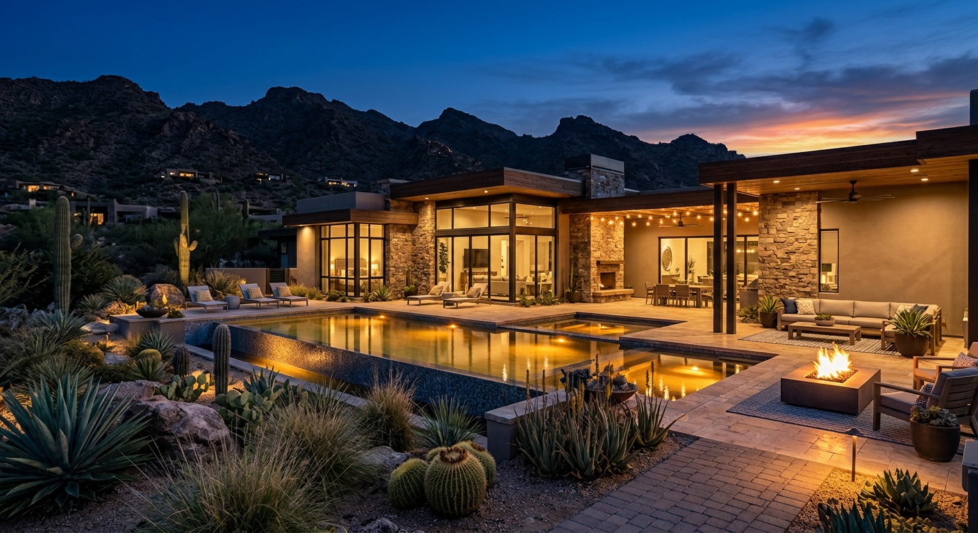 Scottsdale Investment Properties Guide for Long-Term Returns 3 High-end photorealistic exterior of a modern Scottsdale rental home at dusk, with a glowing pool, tasteful desert landscap...