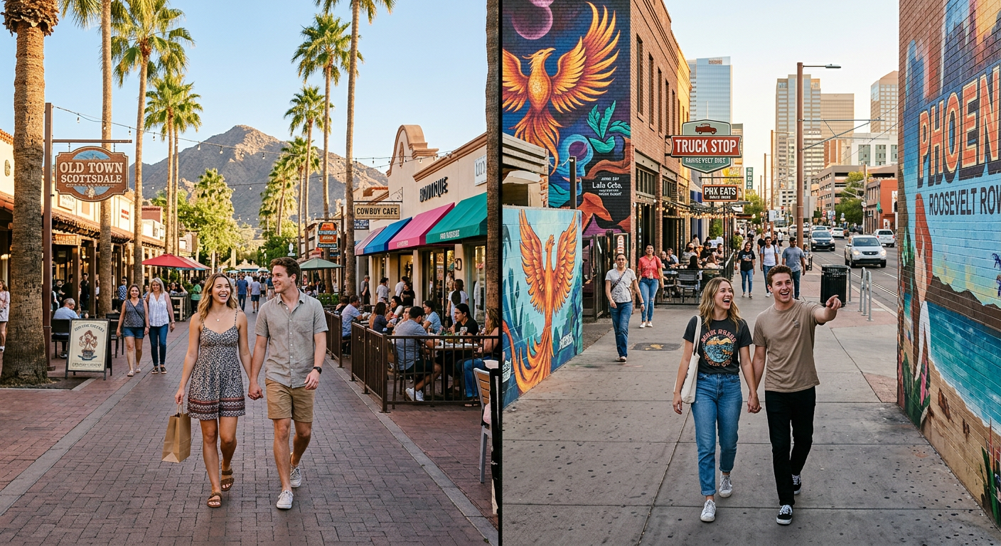 Photorealistic street-level split scene with a couple comparing two Arizona lifestyles, one side showing walkable Old Town...