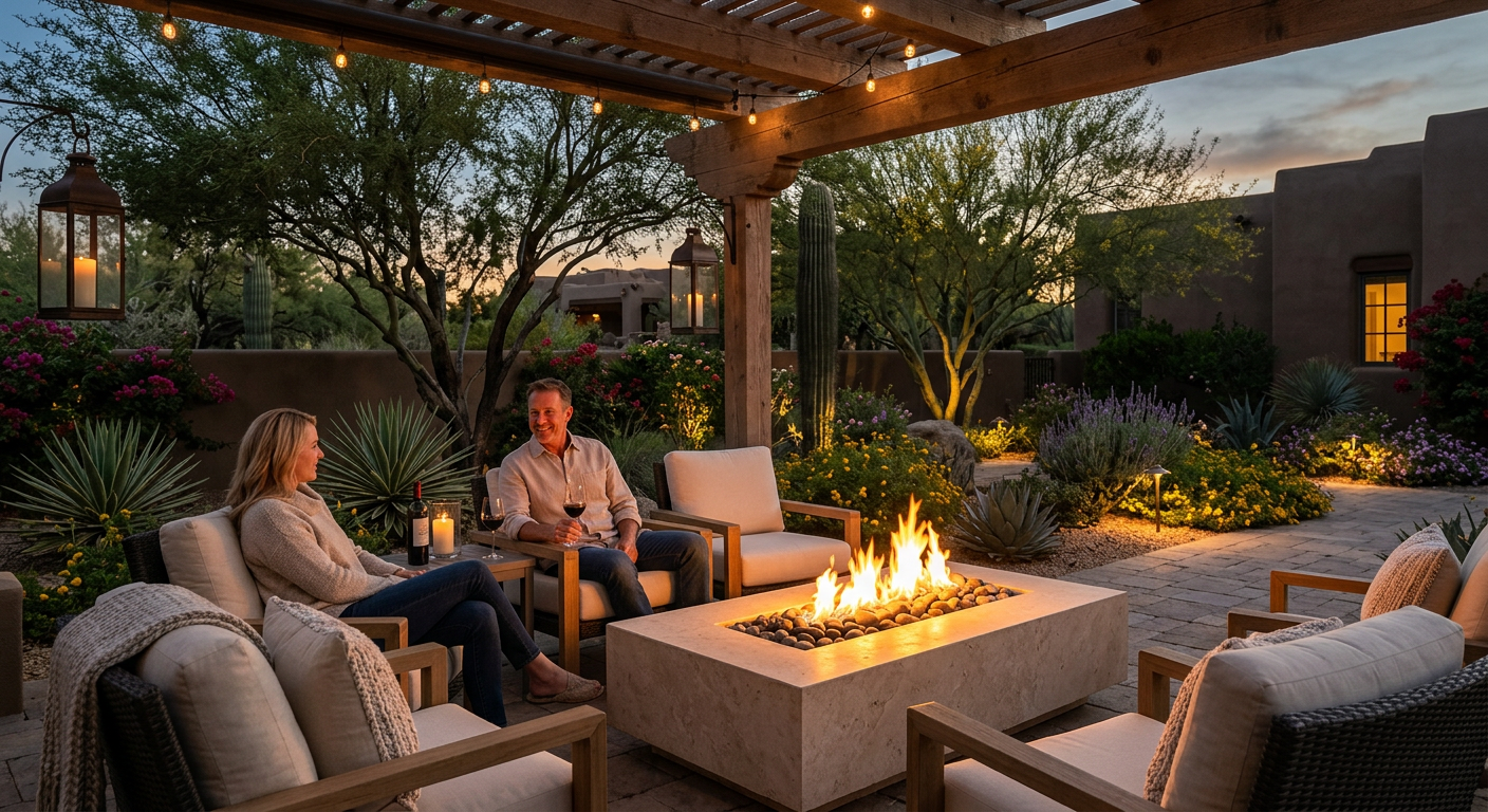 Residential Landscape Architecture Carefree for Custom Homes | Luxury Landscape Architecture Scottsdale & Phoenix | Waibel & Associates Photorealistic close view of a luxury Arizona outdoor living area in Carefree, featuring a limestone fire feature, custom ...