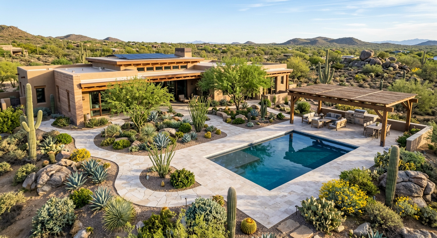 Residential Landscape Architecture Carefree for Custom Homes | Luxury Landscape Architecture Scottsdale & Phoenix | Waibel & Associates Photorealistic aerial view of a refined Carefree custom home landscape showing a desert courtyard, specimen trees, layered...