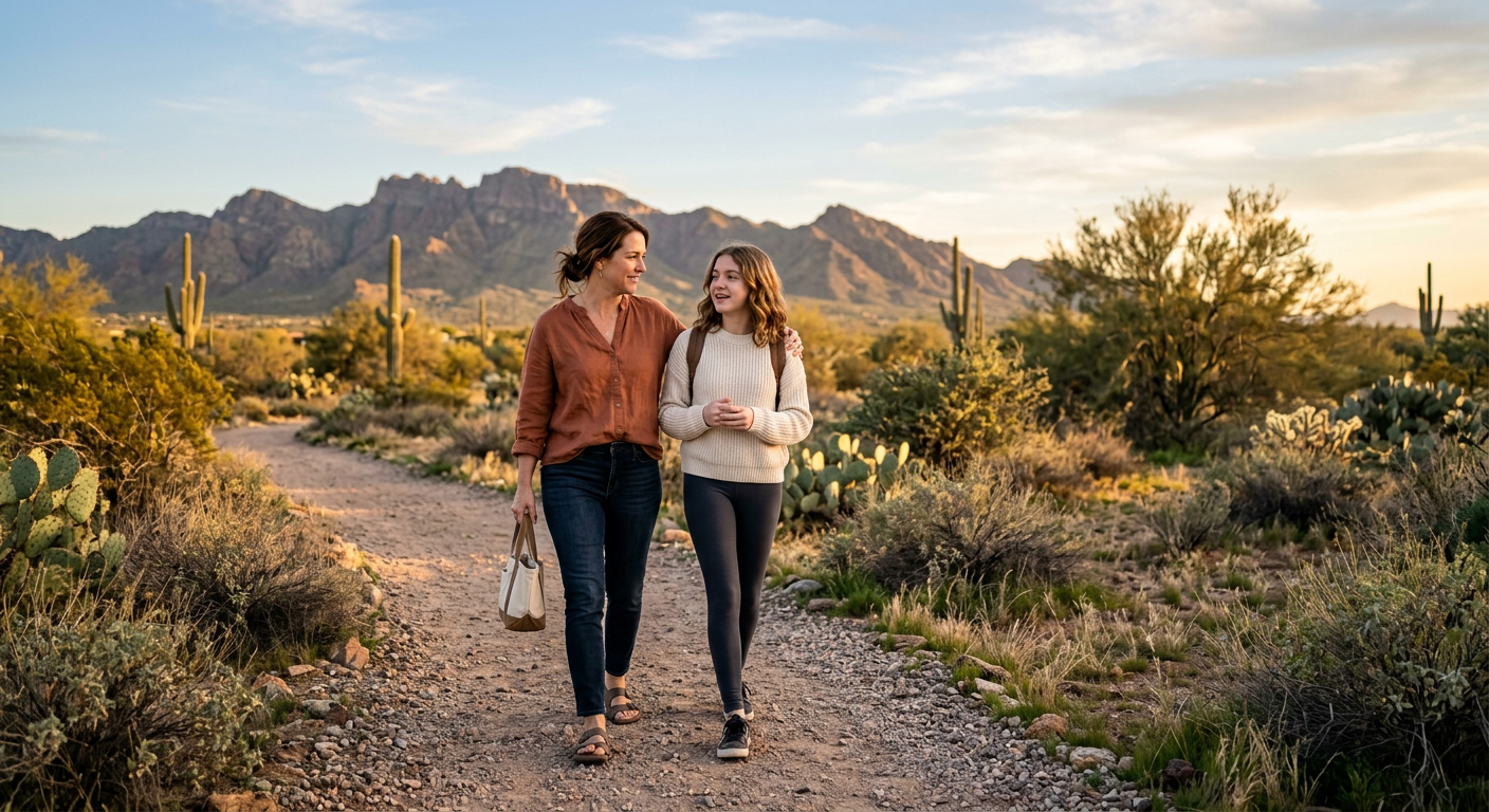 Photorealistic parent and teenager walking together on a quiet Scottsdale desert pathway at golden hour, having a gentle s...
