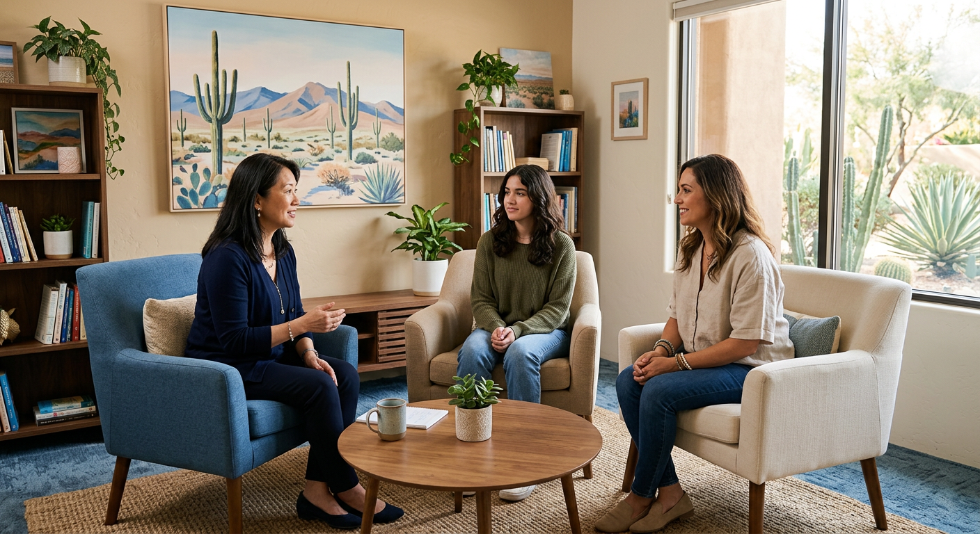 Gentle editorial illustration of a Scottsdale child and adolescent psychiatrist speaking with a parent and teen in a welco...