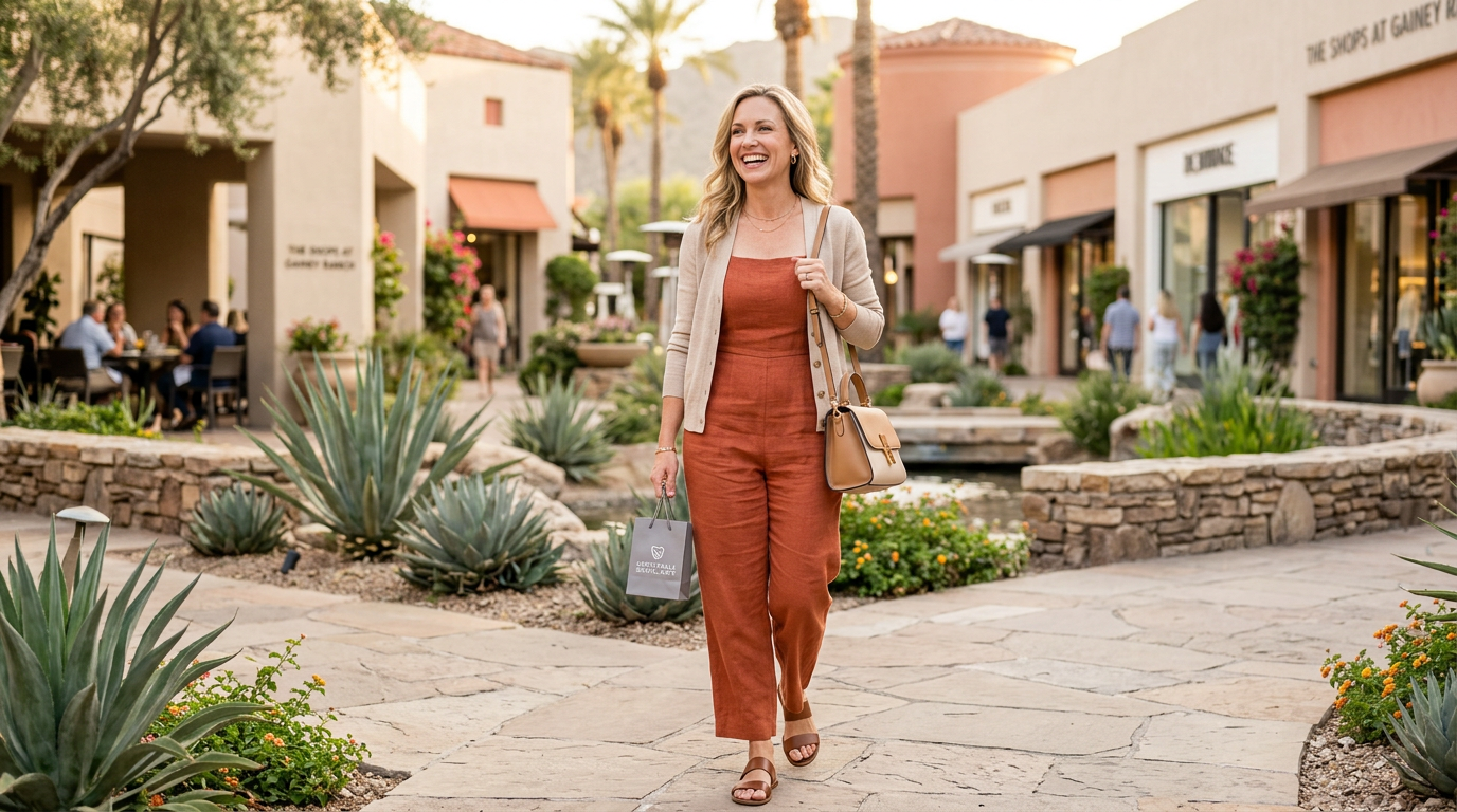 Photorealistic lifestyle image of a confident adult smiling outdoors in an upscale Scottsdale setting after a dental visit...