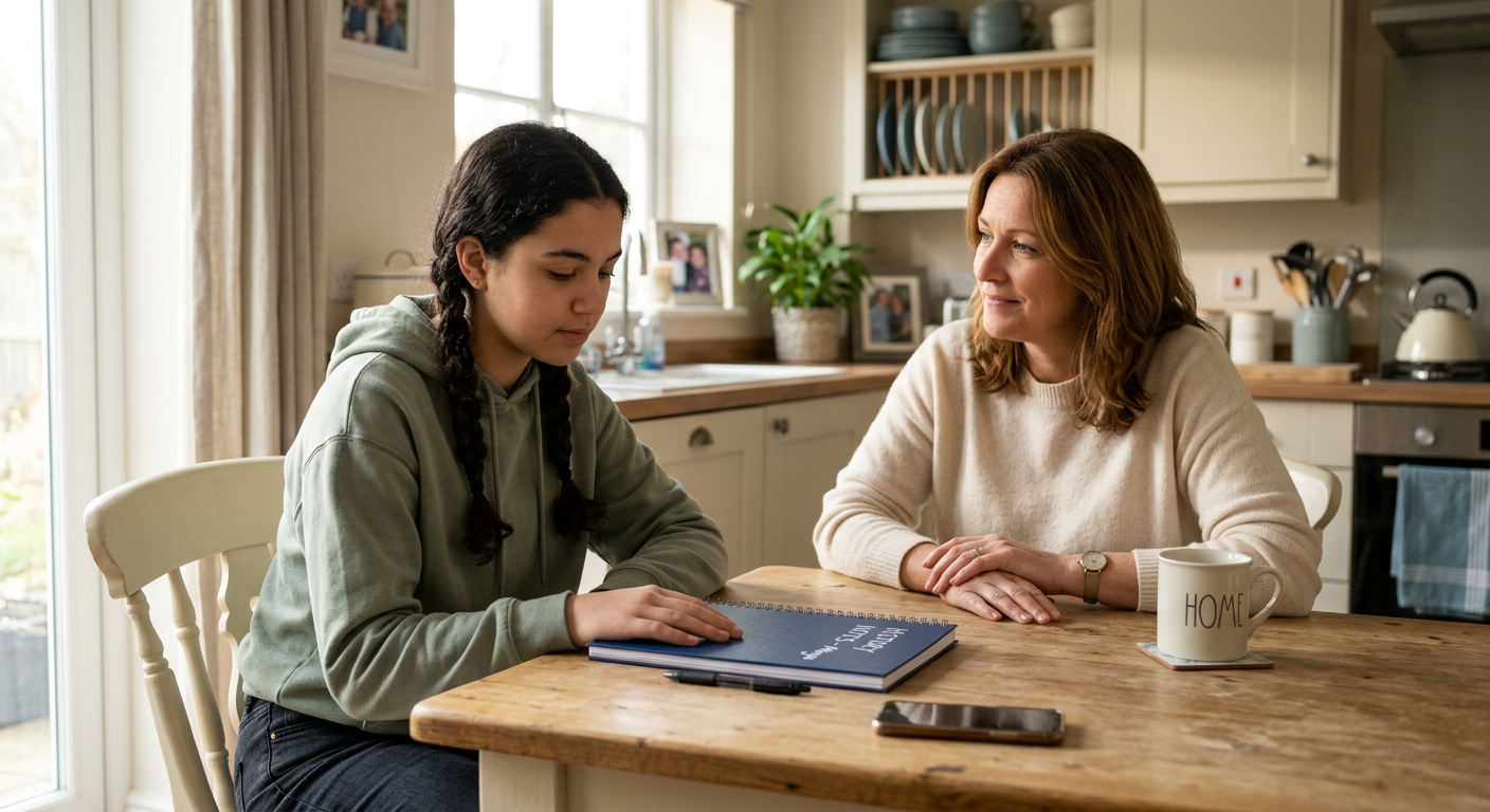 Warm, photorealistic scene of a high school student at a kitchen table with an unopened homework notebook, while a parent ...