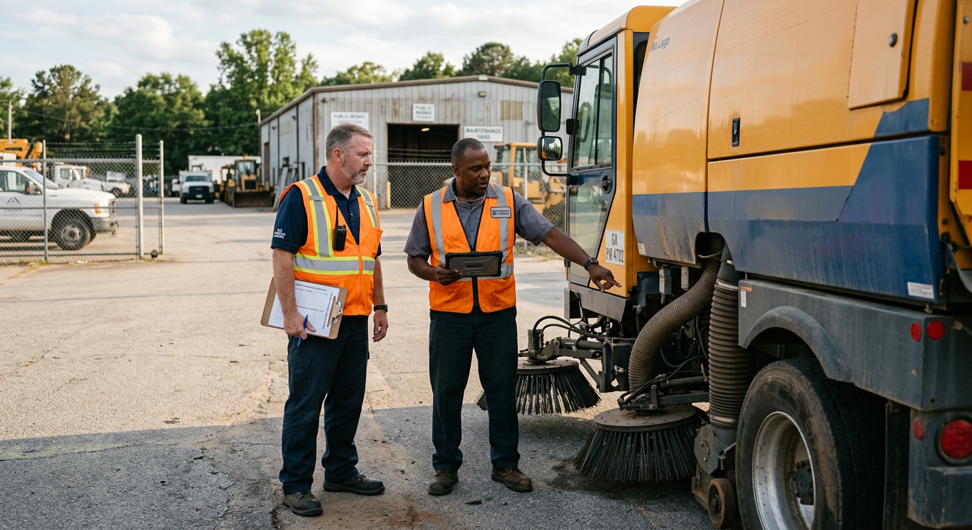 Documentary-style photo of a Georgia public works supervisor and contractor fleet manager reviewing an unbranded street sw...