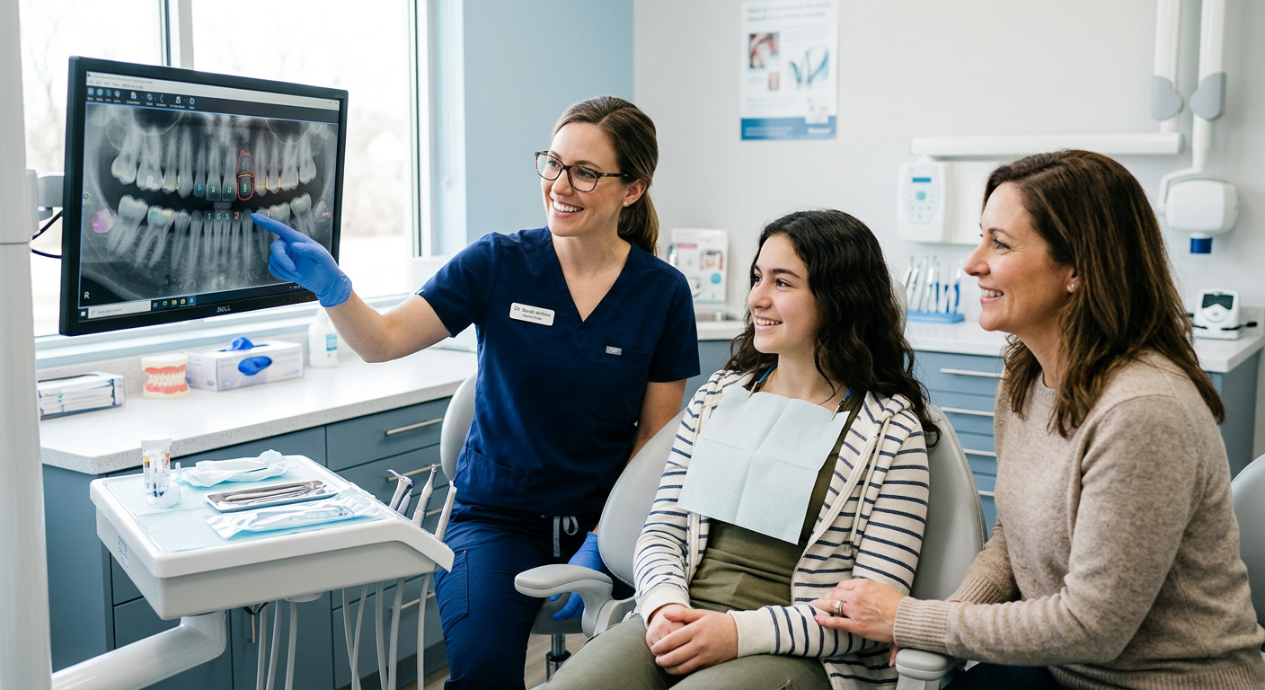 Family Dentist Scottsdale: Complete Care for Every Generation | Scottsdale Dentist | Cosmetic & Family Dentist 85250 Photorealistic close-up of a female dentist showing a digital dental X-ray to a relaxed mother and teenage daughter, moder...