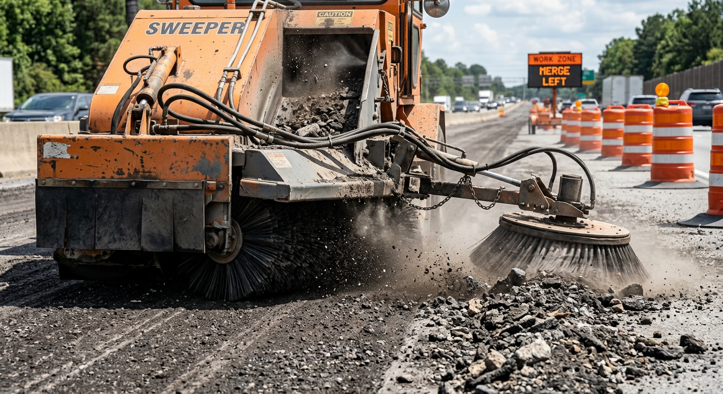 Photorealistic close-up of an unbranded mechanical broom street sweeper collecting coarse asphalt millings and fines besid...