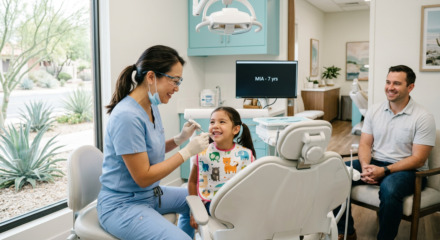 Family Dentist Scottsdale: Complete Care for Every Generation | Scottsdale Dentist | Cosmetic & Family Dentist 85250 Photorealistic female dentist conducting a gentle preventive exam for a smiling elementary-age child while the child’s fat...
