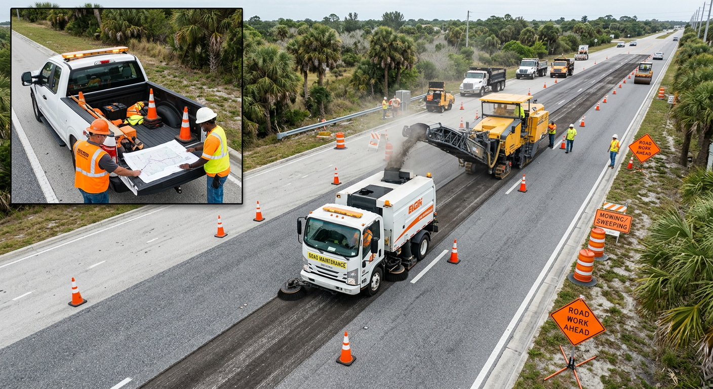Photorealistic overhead view of a Florida road maintenance staging area, with an unbranded street sweeping operation posit...