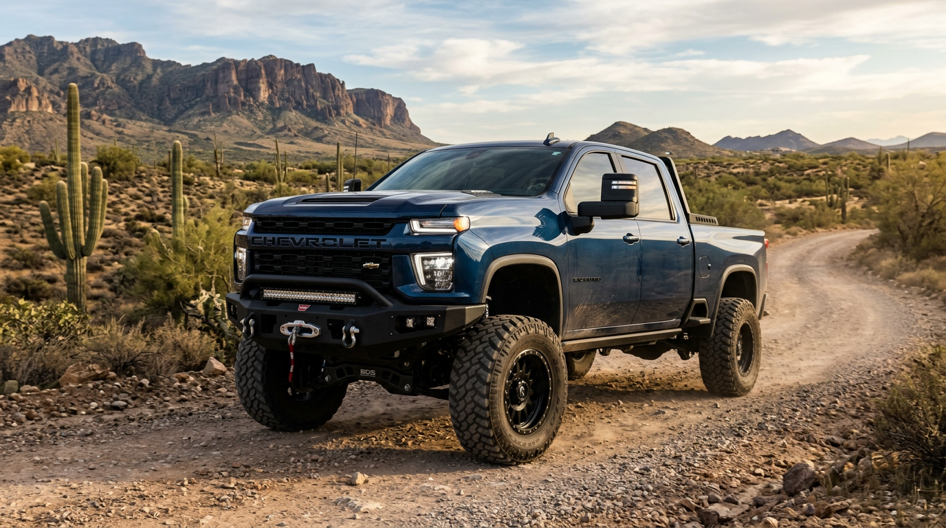 Lifted Trucks Arizona Financing: A Buyer’s Guide to Approval A custom lifted Chevrolet Silverado 2500HD viewed from a low front three-quarter angle on an Arizona desert road, showing ...