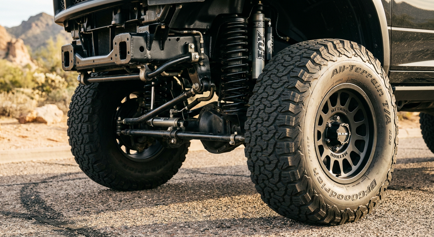 Lifted Trucks Arizona Financing: A Buyer’s Guide to Approval Close-up photorealistic view of a lifted Ram 2500’s front suspension, oversized all-terrain tire, black wheel, and clean u...