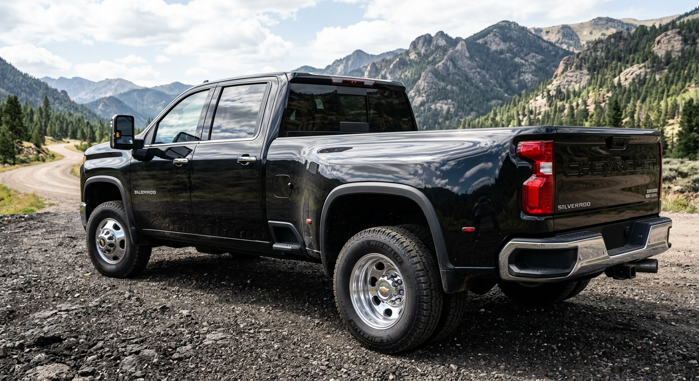 Photorealistic close-up of a black Chevrolet Silverado 3500HD Duramax diesel with a long bed and polished wheels, parked o...