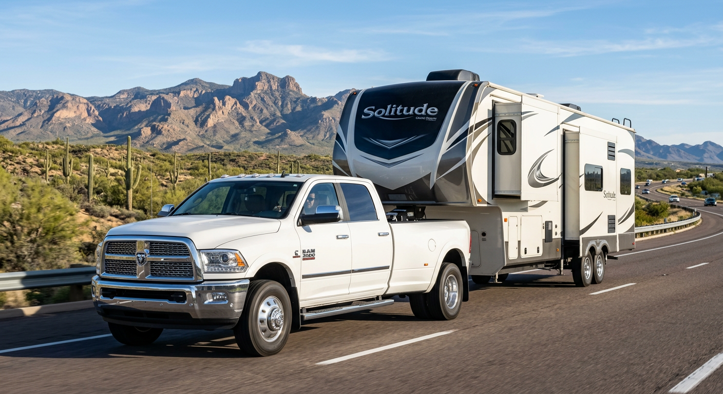 Photorealistic close three-quarter view of a Ram 3500 dually towing a large fifth-wheel trailer on an open Arizona highway...