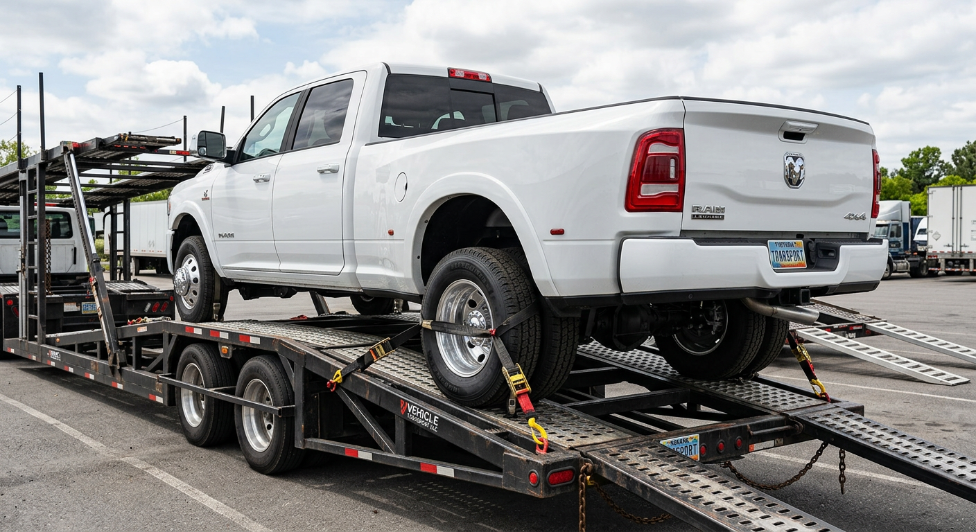 A white Ram 3500 dually secured on a professional open vehicle carrier, close three-quarter exterior view showing wide rea...