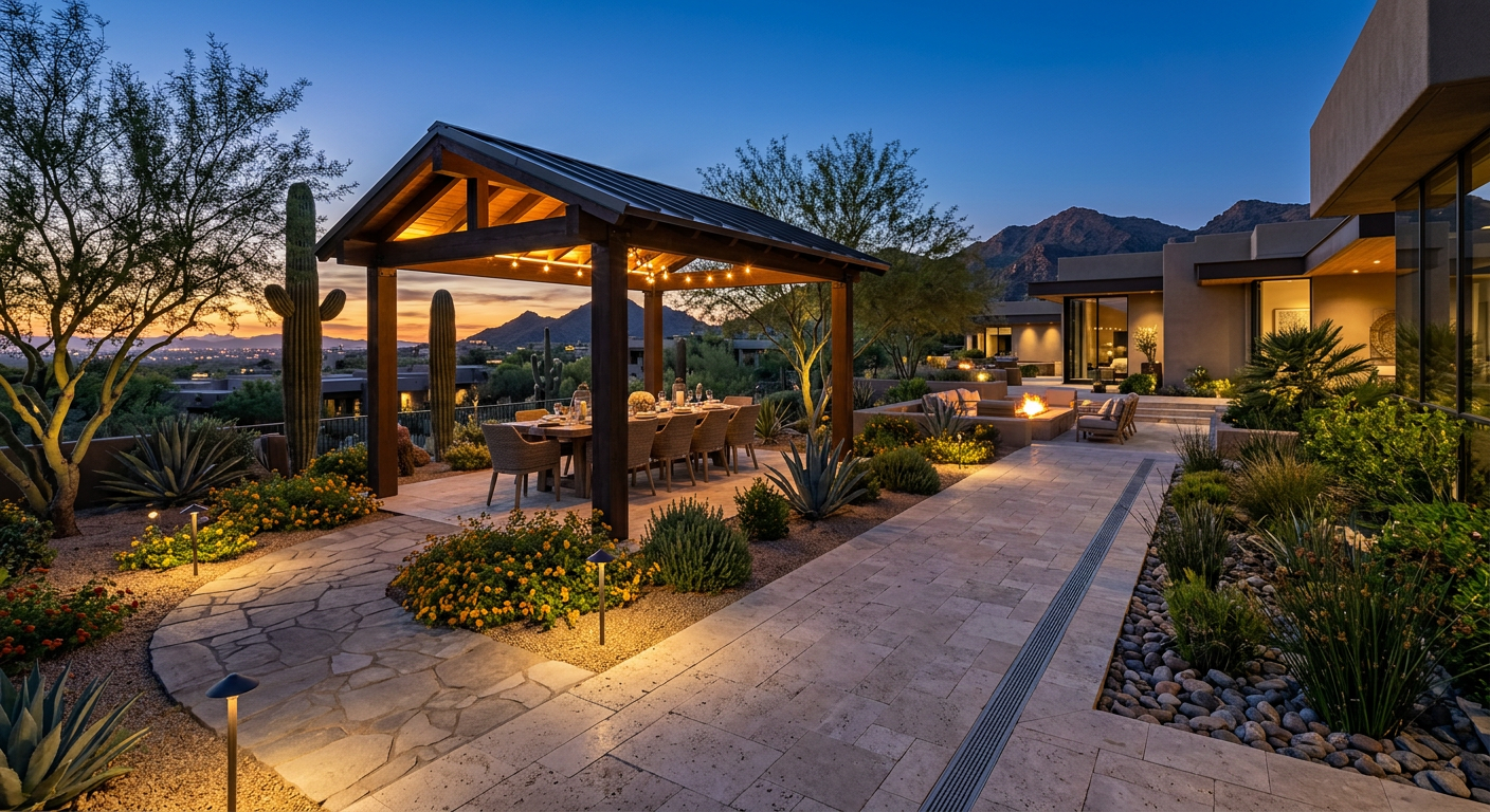 Water Saving Landscape Solutions Arizona for Luxury Properties | Luxury Landscape Architecture Scottsdale & Phoenix | Waibel & Associates Photorealistic twilight view of an upscale Paradise Valley outdoor living space with a shaded dining pavilion, native dese...