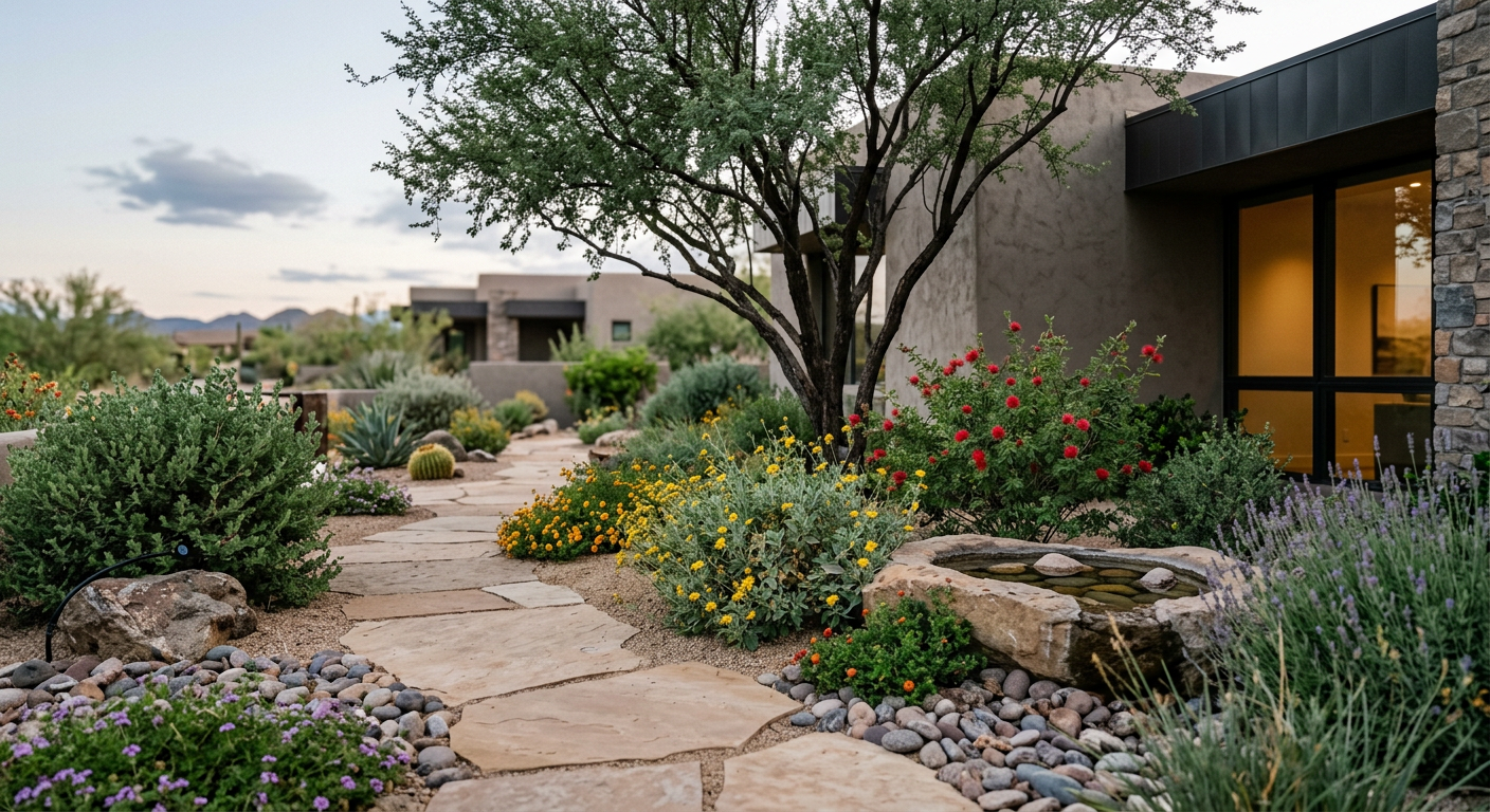 Water Saving Landscape Solutions Arizona for Luxury Properties | Luxury Landscape Architecture Scottsdale & Phoenix | Waibel & Associates Photorealistic close view of a sophisticated desert garden beside a contemporary Arizona home, showing native shade trees,...