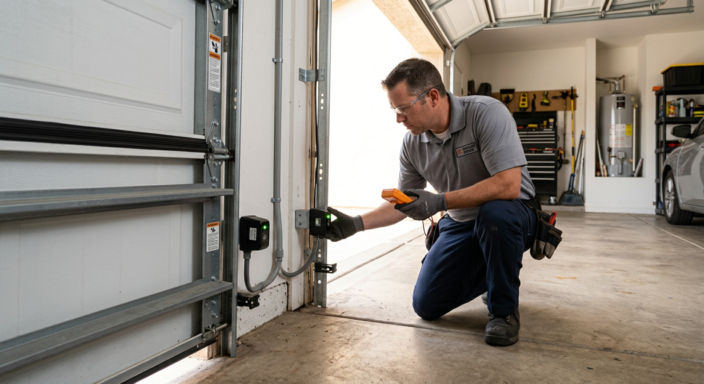 Photorealistic close-up inside a clean residential garage, showing two properly positioned photo-eye sensors near the bott...