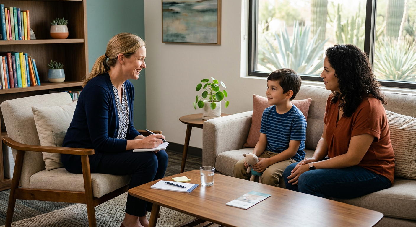 Warm, photorealistic pediatric psychiatric consultation in a modern Scottsdale office, child and parent seated with a comp...