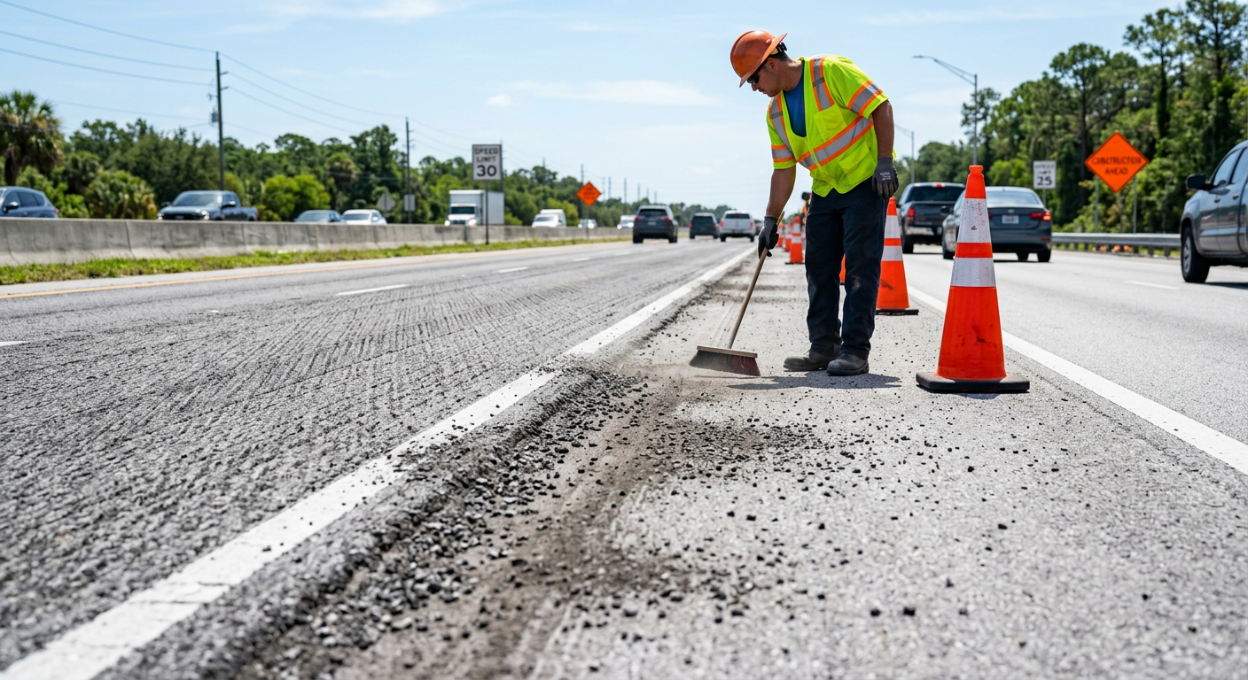 Photorealistic close-up of a freshly milled Florida roadway with loose asphalt millings gathered along the lane edge, a hi...